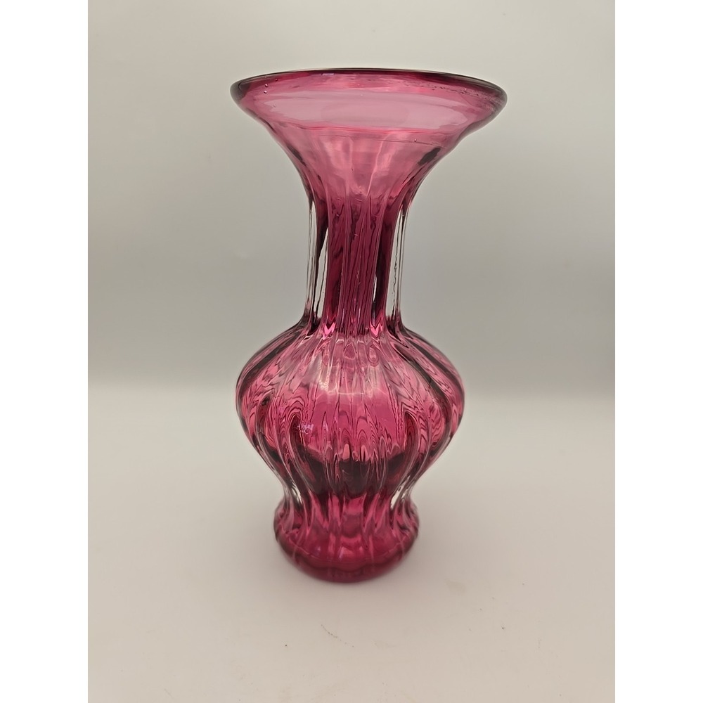 Pilgrim Cranberry Glass Vase Hand Blown‎ Ribbed Flared Flower Vase 5.5"H Vintage